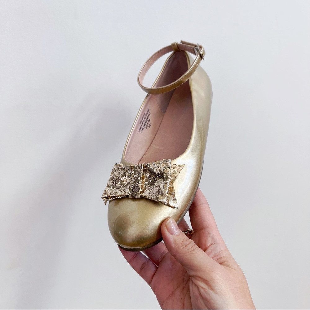 Chasing Fireflies Gold Glitter Bow Girls Ballet Flats Ankle Strap Sz 4 Fancy
